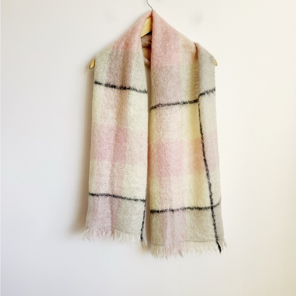 vintage pink and gray checked mohair scarf with fringe